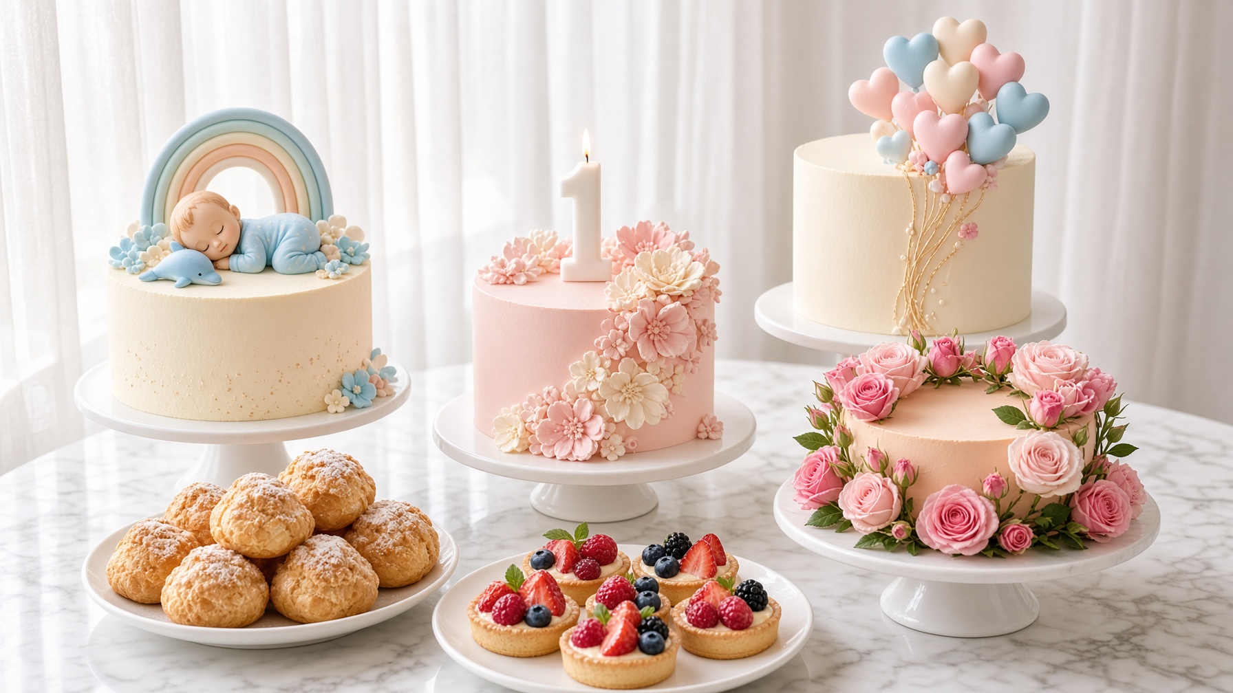 Bàn bánh kem handmade pastel của Min's Bake Studio: bánh bé, hoa, cầu vồng và su kem