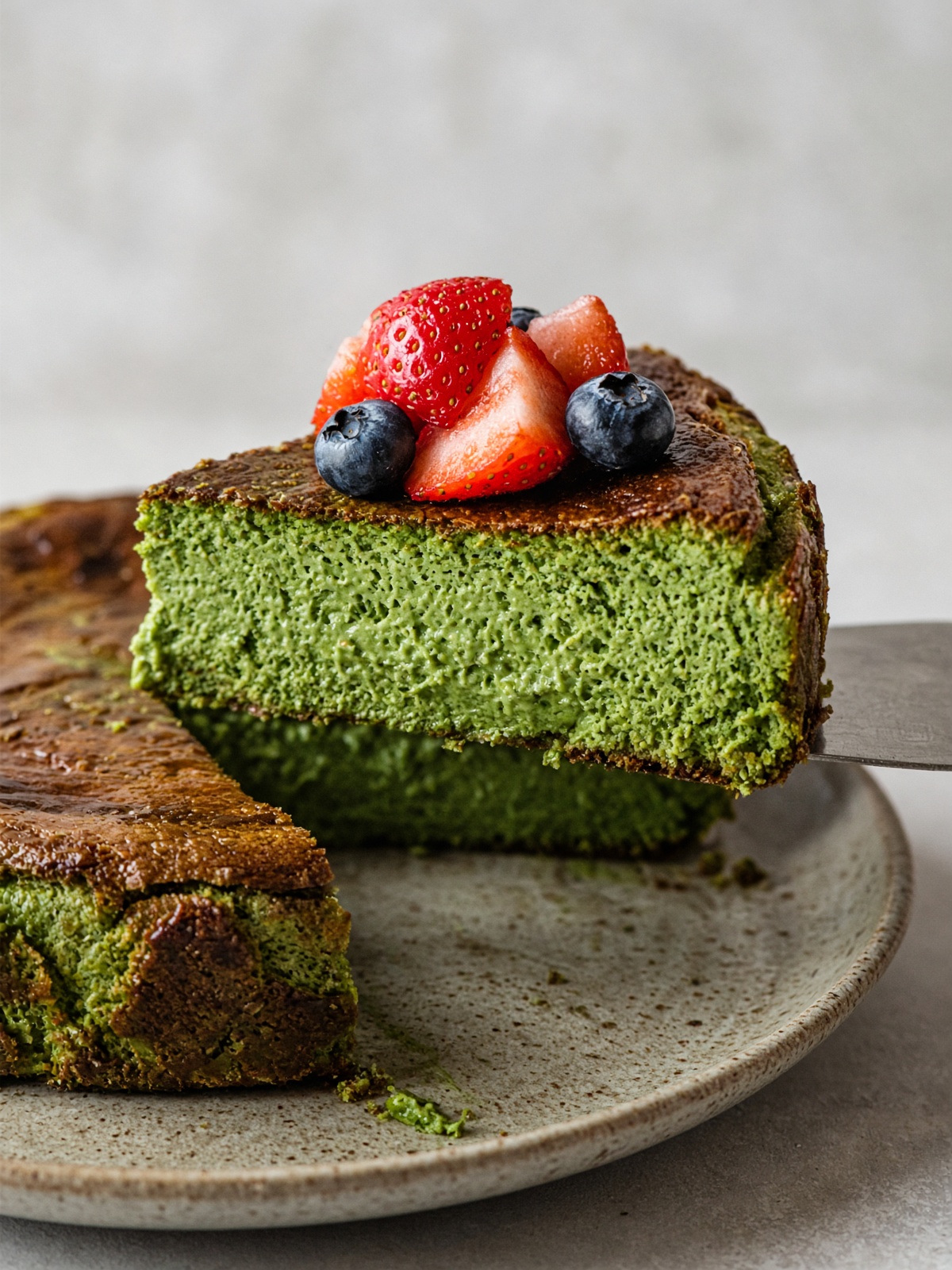 Lát bánh cheesecake matcha cháy điểm trái cây