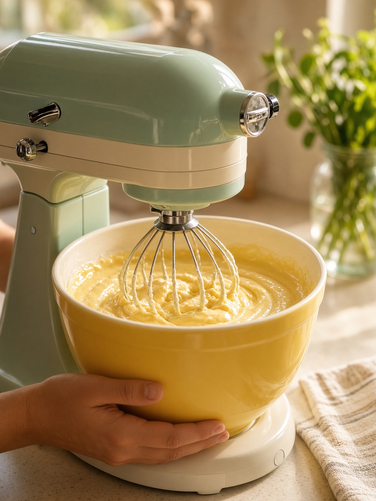 Máy đánh kem đang đánh bột bánh vàng tại bếp Min's